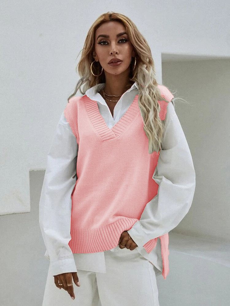 Damen Strickweste mit V-Ausschnitt und feinen Rippstrukturen Heidi-Mode