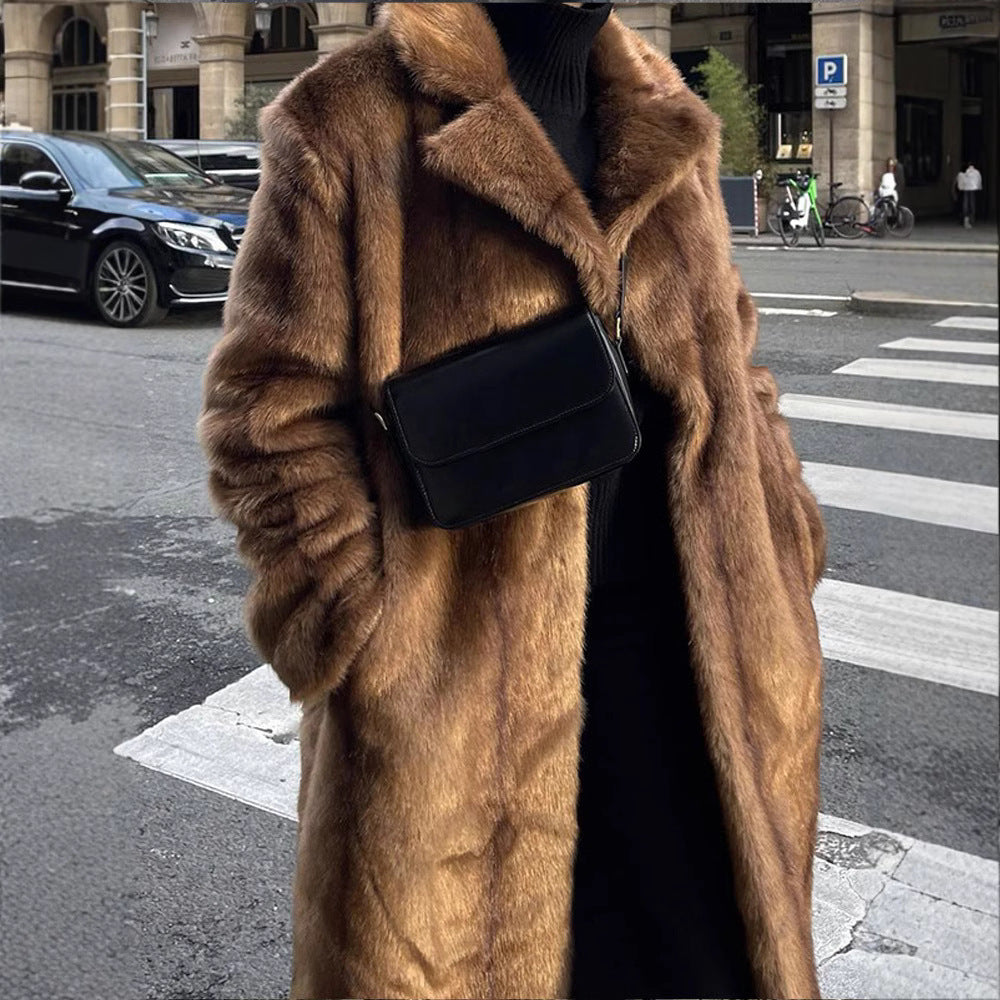 Damen Langer Kunstfellmantel mit breitem Revers und lässigem Schnitt Heidi-Mode