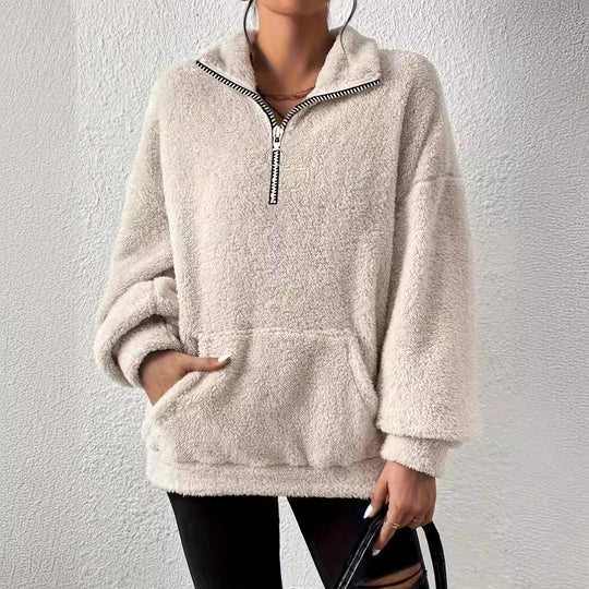 Damen kuscheliger Fleece-Pullover mit halbem Reißverschluss und Seitentaschen Heidi-Mode
