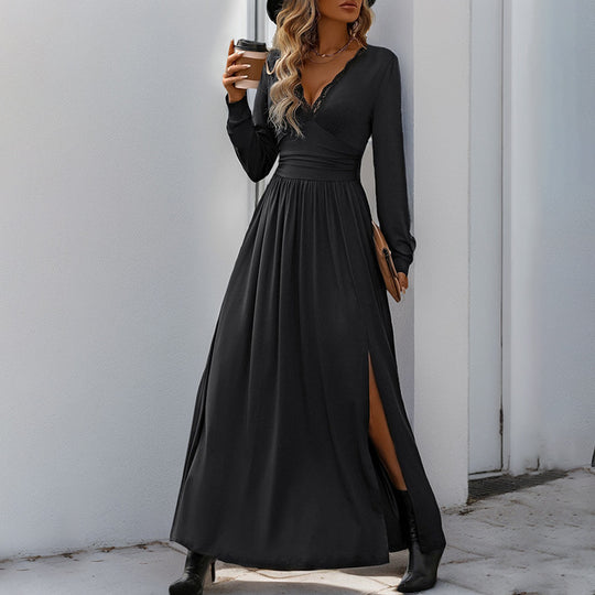 Damen Maxikleid mit tiefem V-Ausschnitt und eleganter Raffung Heidi-Mode