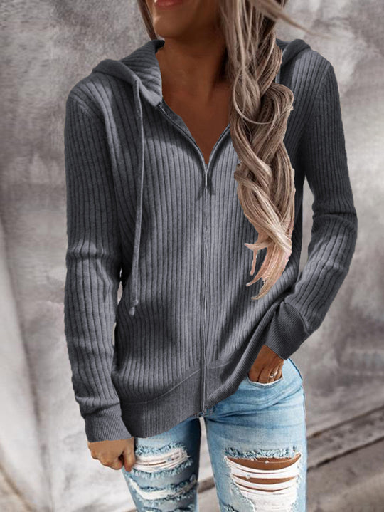 Damen Kapuzenjacke im modernen Rippenstrickdesign mit Taschen Heidi-Mode