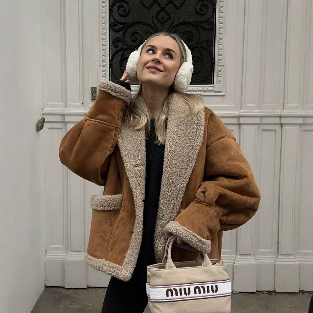 Damen kuschelige Blazerjacke im Teddy-Look mit praktischem Taschen Heidi-Mode