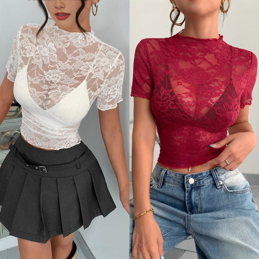 Damen Spitzenoberteil mit hochgeschlossenem Kragen und figurbetontem Schnitt Heidi-Mode