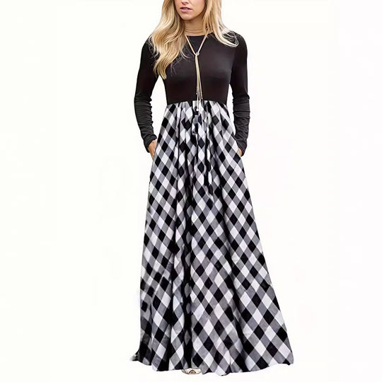 Damen Maxikleid mit modernem Karomuster und langen Ärmeln Heidi-Mode