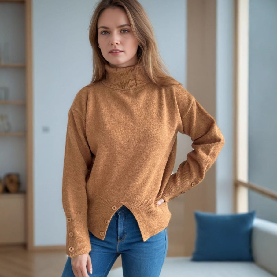 Damen modischer Rollkragenpullover mit Knopfdetails und asymmetrischem Saum Heidi-Mode