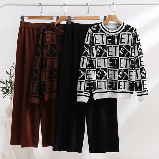 Damen lässiges Strick-Loungewear-Set mit grafischem Muster und weitem Schnitt Heidi-Mode