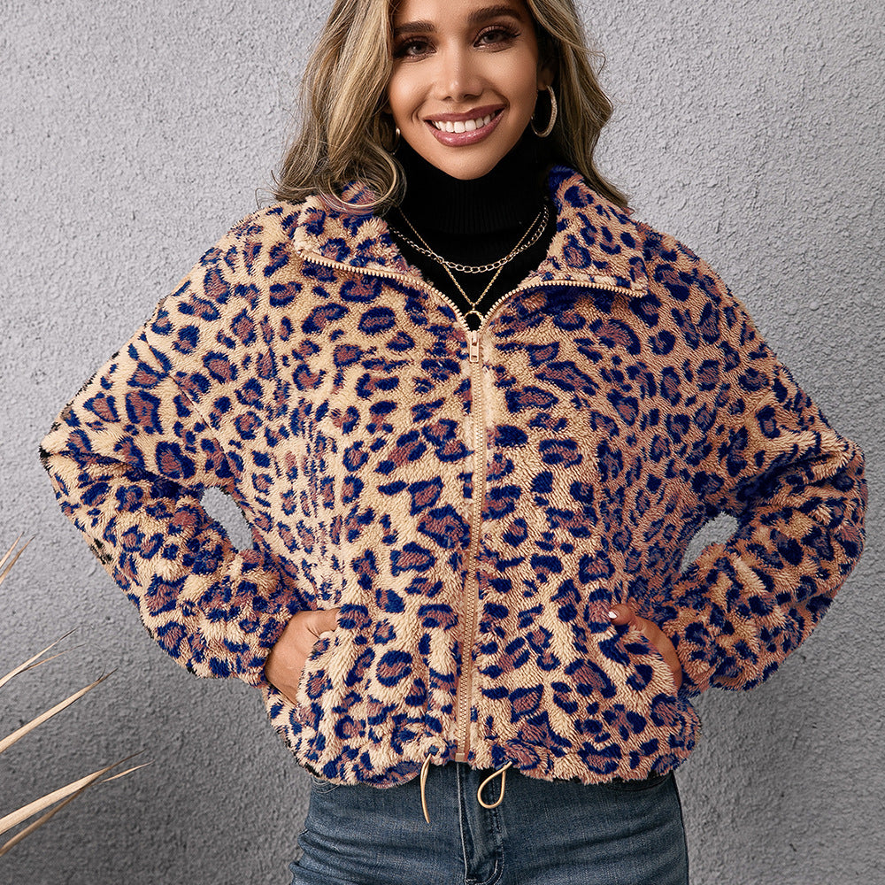 Damen Fleecejacke mit Leoparddruck und seitlichen Taschen Heidi-Mode