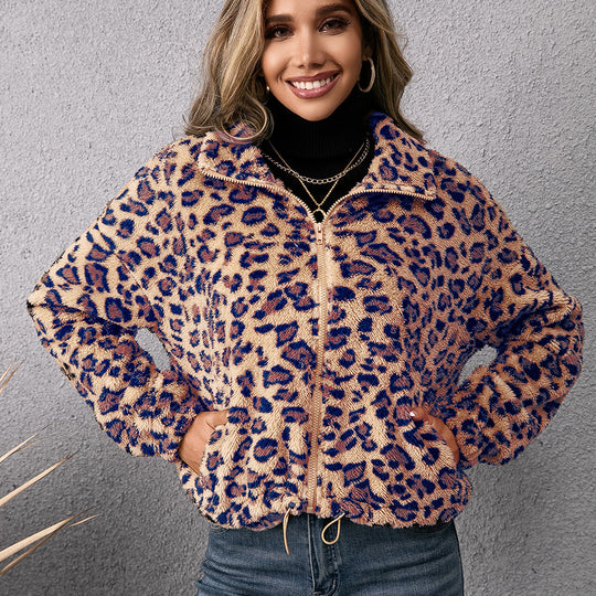 Damen Fleecejacke mit Leoparddruck und seitlichen Taschen Heidi-Mode