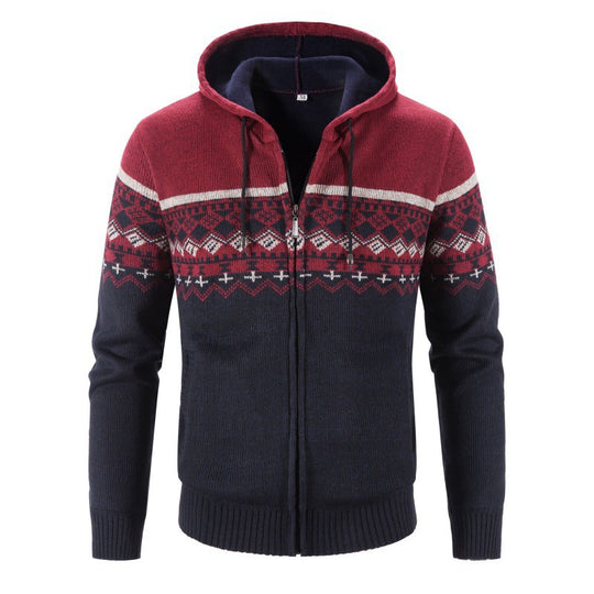 Herren Melierte Strickjacke mit Kapuze und Norweger-Muster Heidi-Mode