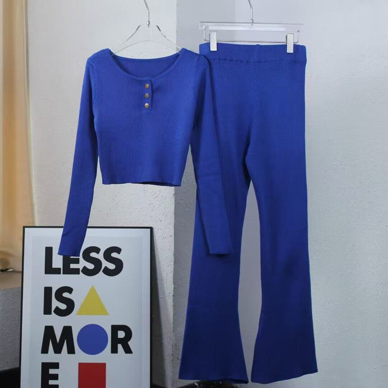 Damen lässiges Strick-Loungewear-Set mit Knopfdetails und weitem Bein Heidi-Mode