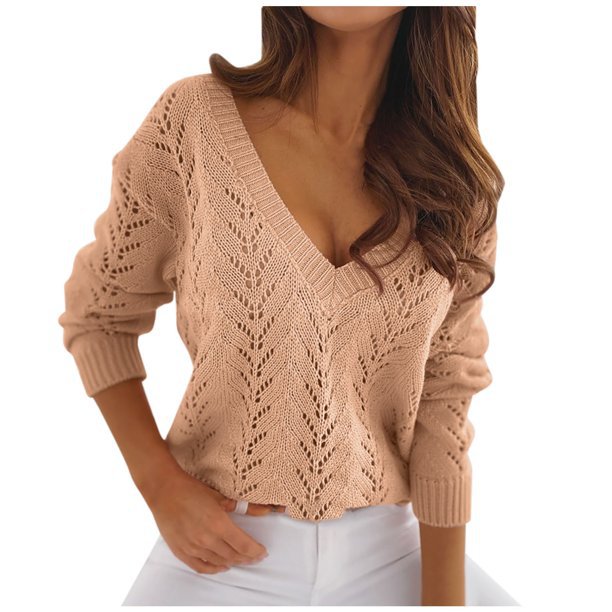 Damen V-Ausschnitt Strickpullover mit romantischem Zopfmuster Heidi-Mode