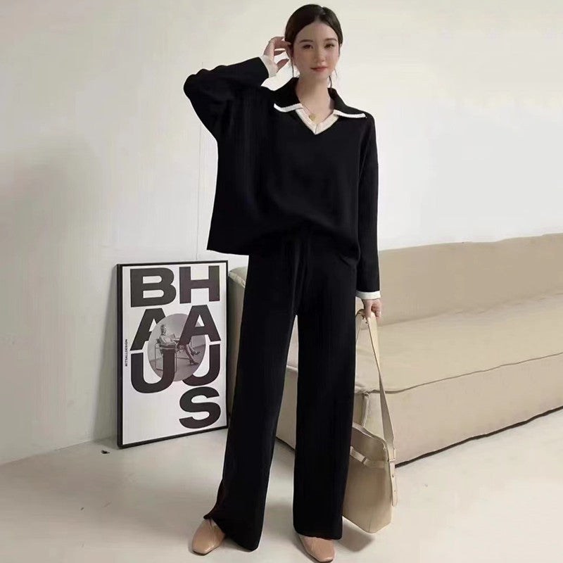 Damen elegantes und lässiges Strickensemble mit V-Ausschnitt und breitem Saum Heidi-Mode