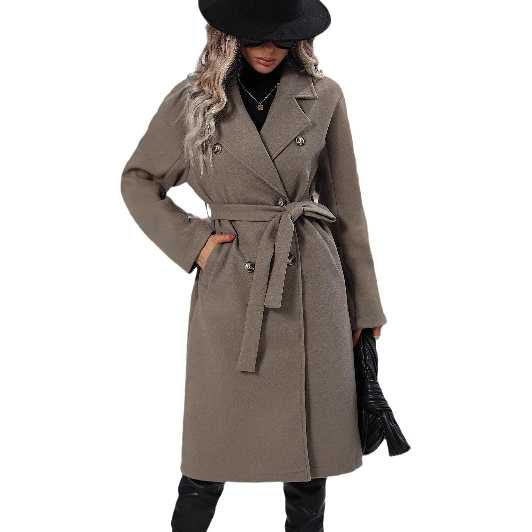 Damen Eleganter Trenchcoat mit Taillengürtel und doppelt gelegten Knöpfen Heidi-Mode
