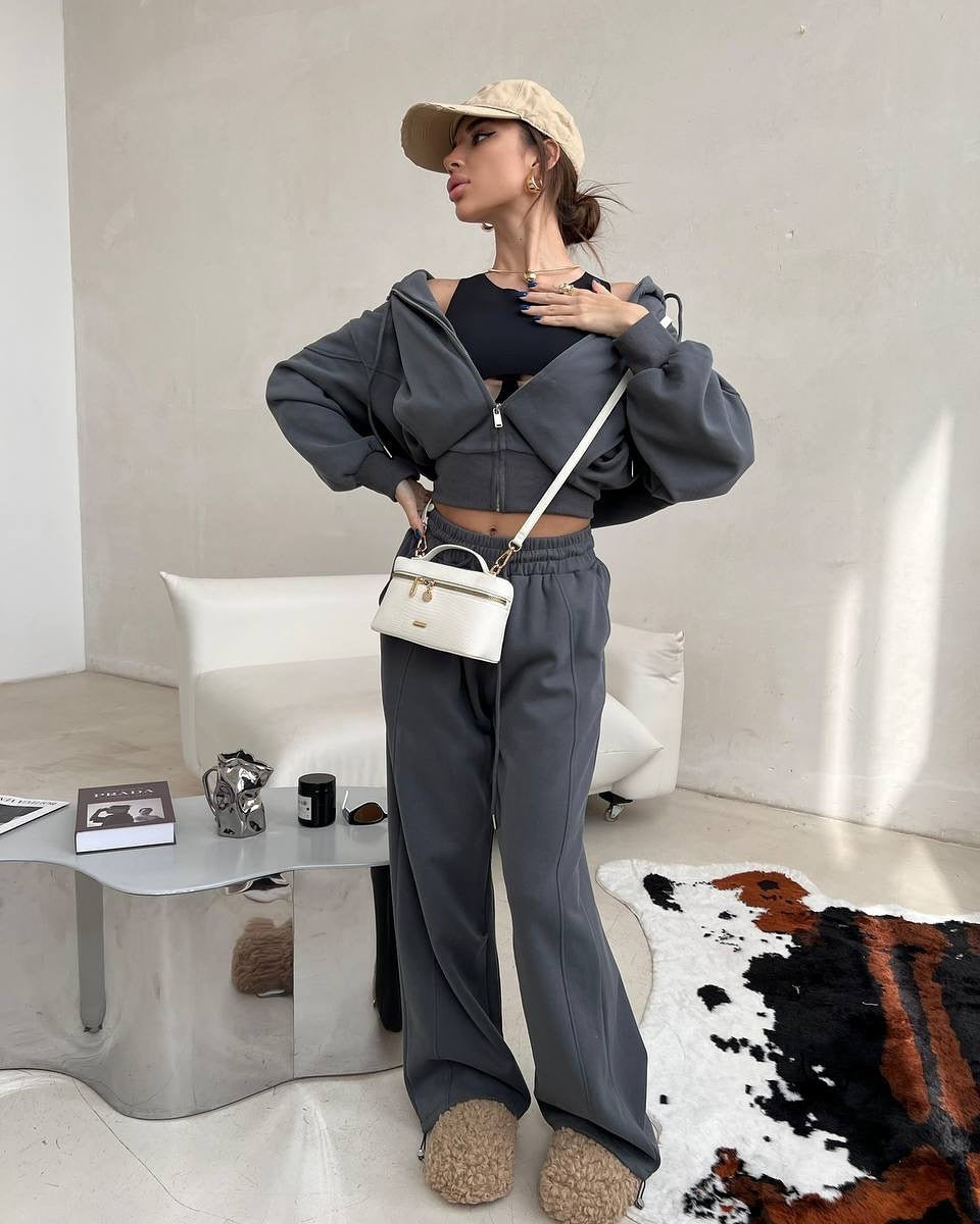Damen sportliches Crop-Hoodie- und weite Jogginghose-Set mit modischen Akzenten Heidi-Mode