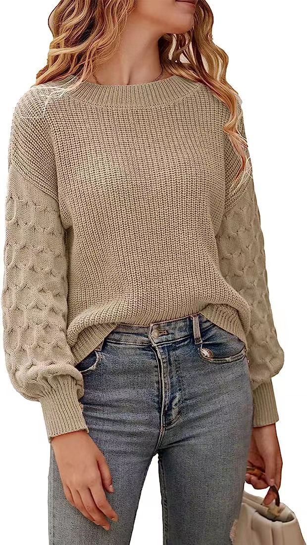 Damen modischer Strickpullover mit strukturierten Ärmeln und Rundhalsausschnitt Heidi-Mode