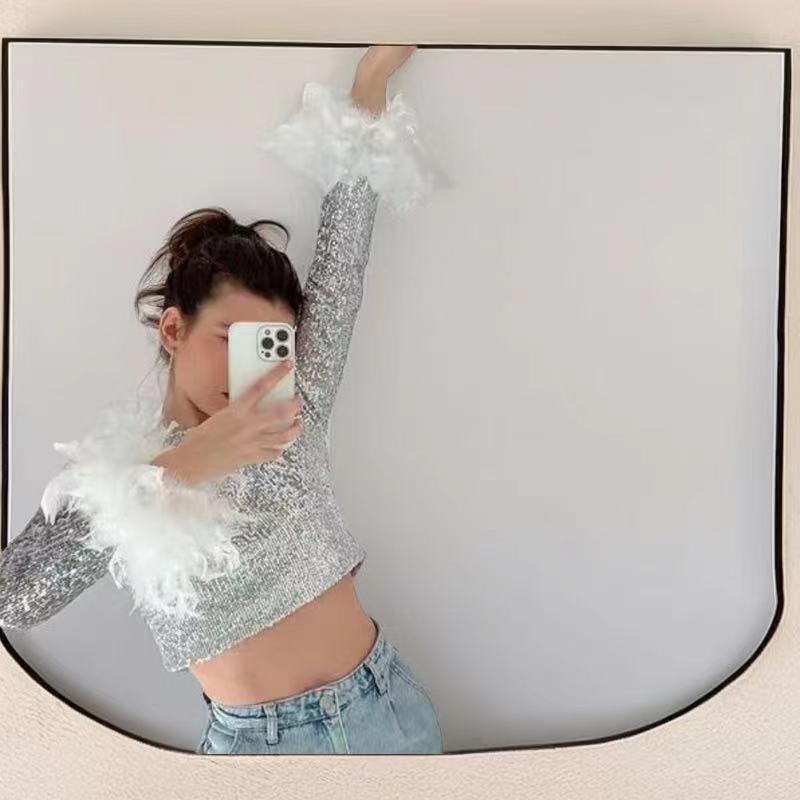 Damen Cropped Oberteil mit funkelndem Paillettenbesatz und fluffigen Ärmelbündchen Heidi-Mode