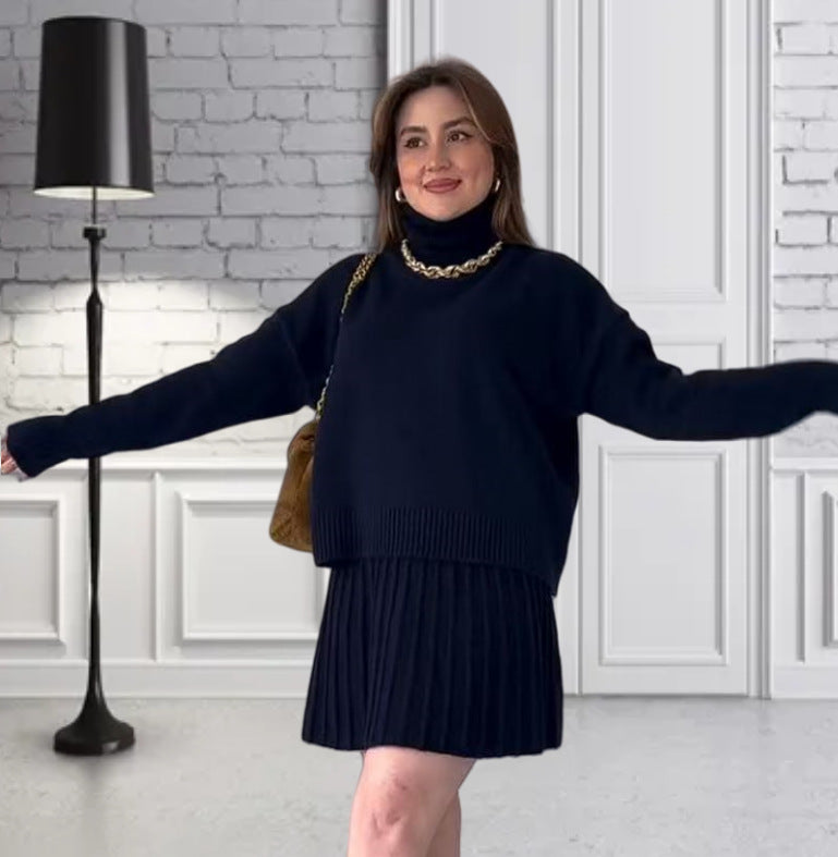 Damen Oversized Strickpullover mit hochwertiger Rippstruktur und passendem Minirock Heidi-Mode