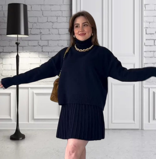 Damen Oversized Strickpullover mit hochwertiger Rippstruktur und passendem Minirock Heidi-Mode