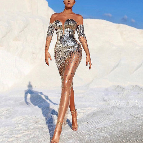 Damen Glitzerndes Abendkleid mit transparenten Ärmeln Heidi-Mode