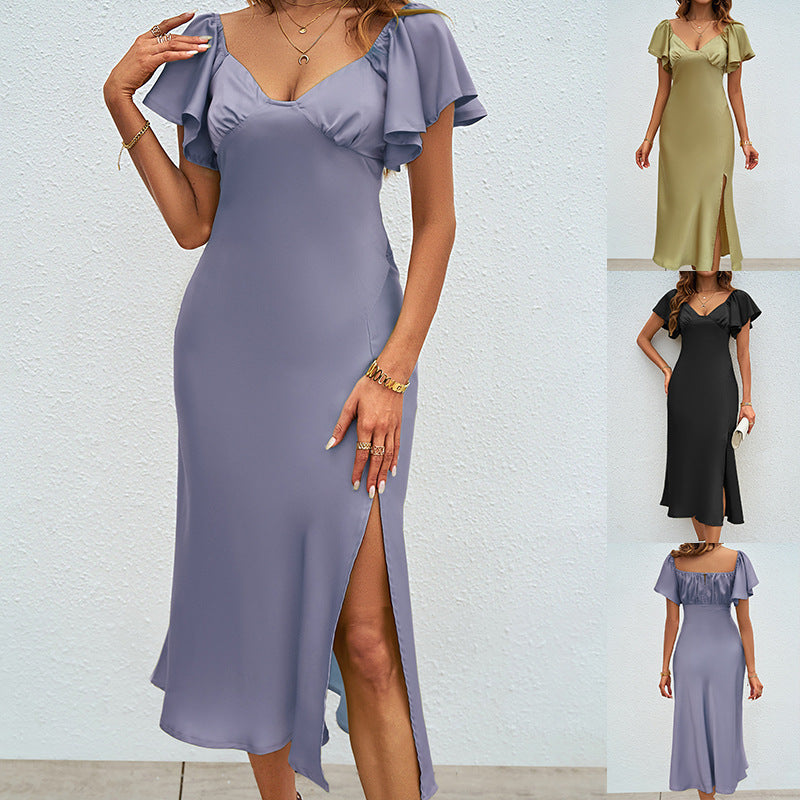 Damen elegantes Midikleid mit schickem V-Ausschnitt und voluminösen Rüschendetails Heidi-Mode