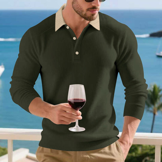 Herren Langarm Poloshirt mit strukturiertem Design und kontrastierendem Stehkragen Heidi-Mode