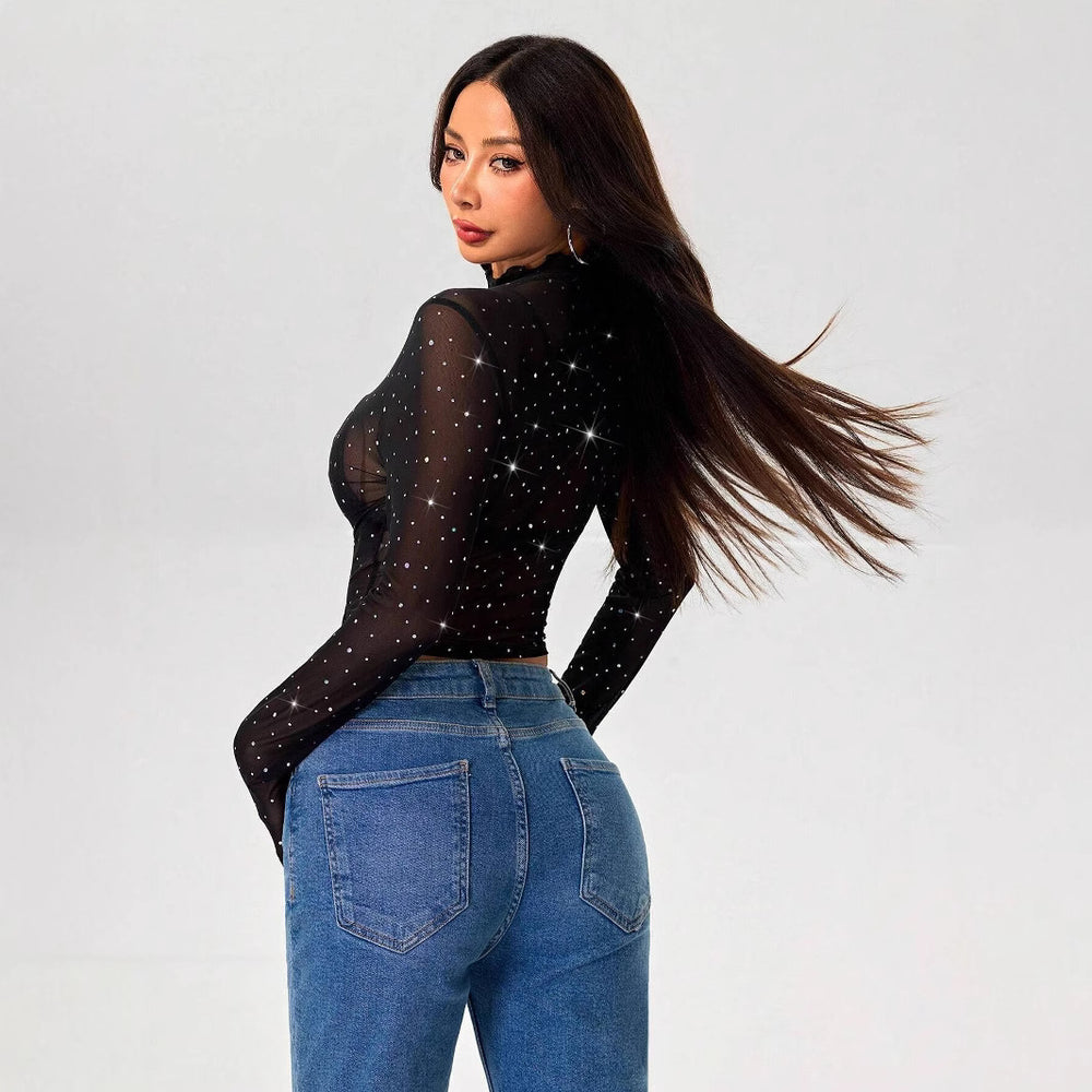 Damen Transparentes Oberteil mit Glitzer Heidi-Mode