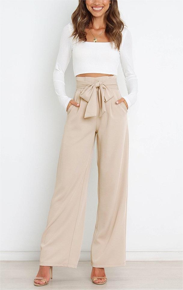 Damen Weit geschnittene High-Waist-Hose mit Binde-Gürtel und Taschen Heidi-Mode