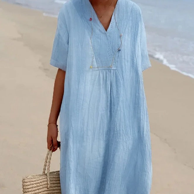 Damen lässiges Midi-Kleid mit V-Ausschnitt und bequemen Kurzärmeln Heidi-Mode