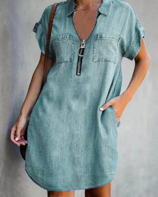Damen Chambray Kleid mit Reißverschluss und praktischen Taschen Heidi-Mode