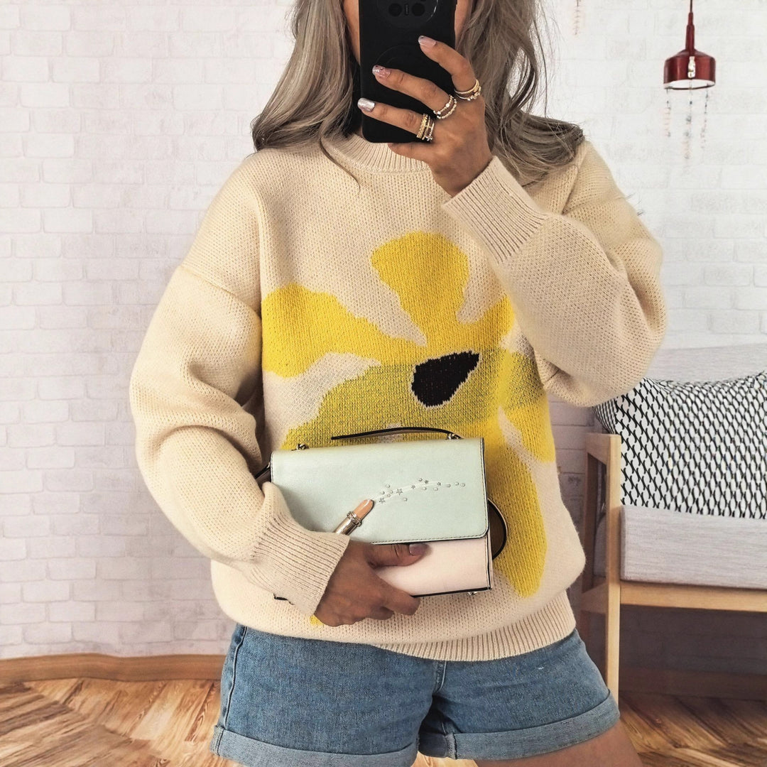 Damen Pullover mit auffälligem Blütenmotiv und lockerer Passform Heidi-Mode
