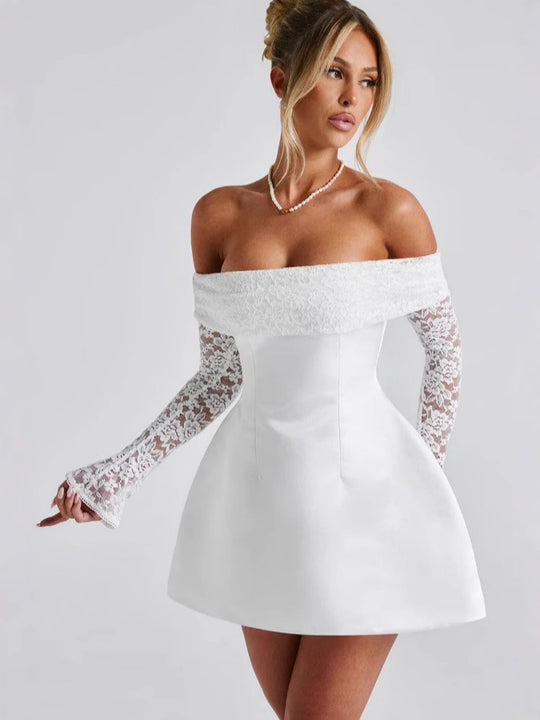 Damen Off-Shoulder Kleid mit floralen Spitzenärmeln und schwingendem Rock Heidi-Mode