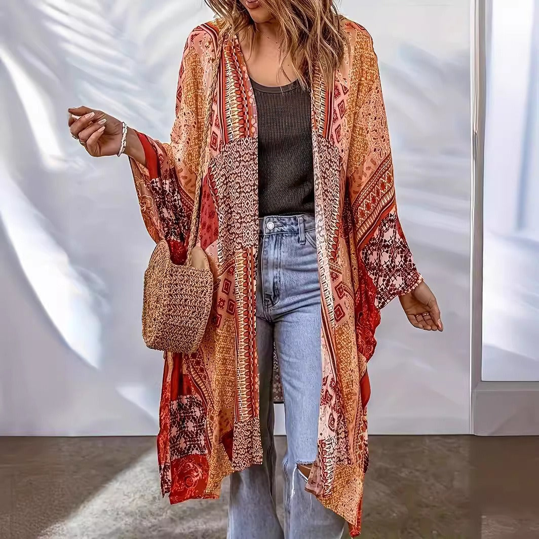 Damen Lässige Kimono-Jacke mit buntem Muster und weitem Schnitt Heidi-Mode