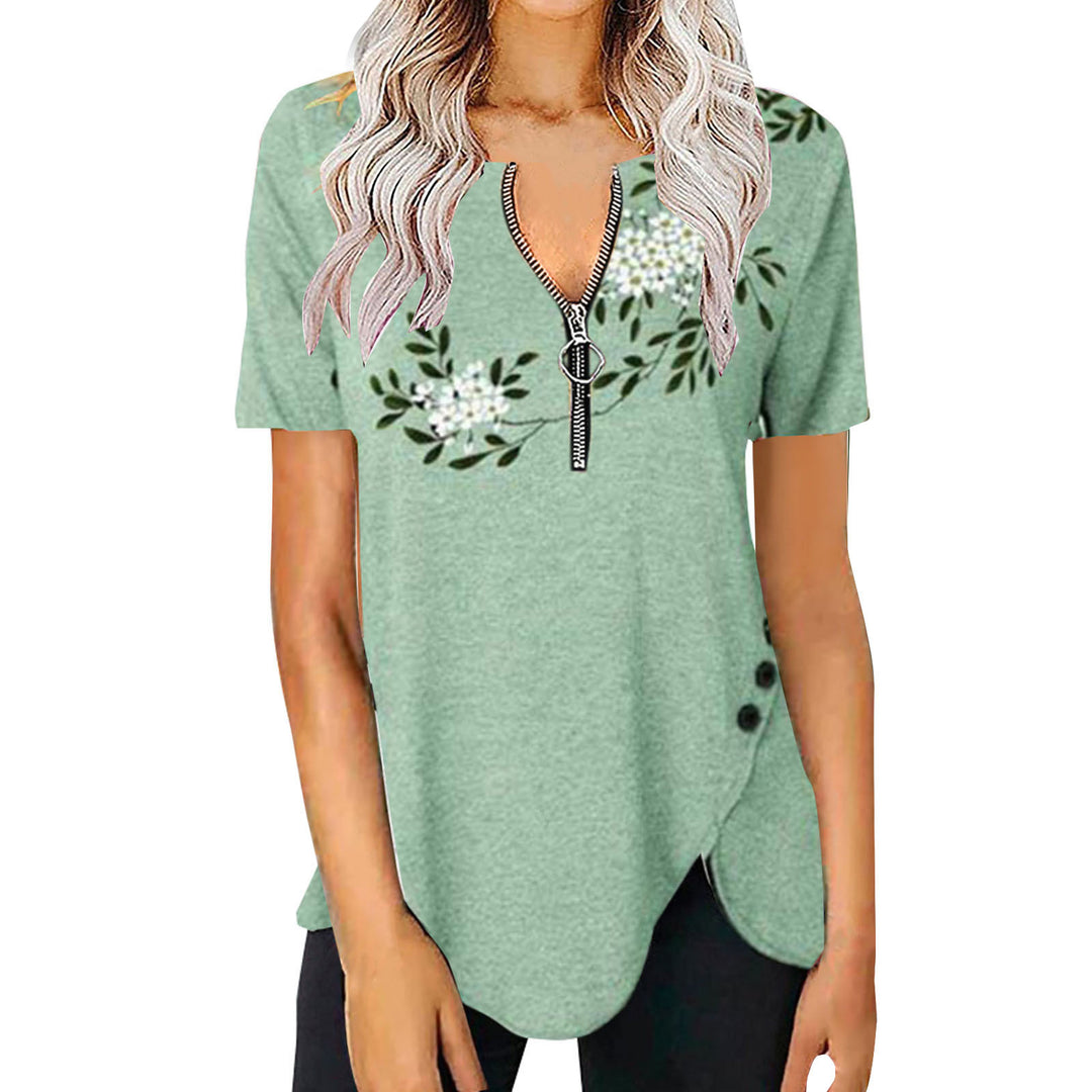Damen T-Shirt mit halbgeschlossenem Reißverschluss und floralem Muster Heidi-Mode
