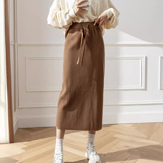 Damen Midi-Rock mit Taillenschnürung und geripptem Design Heidi-Mode