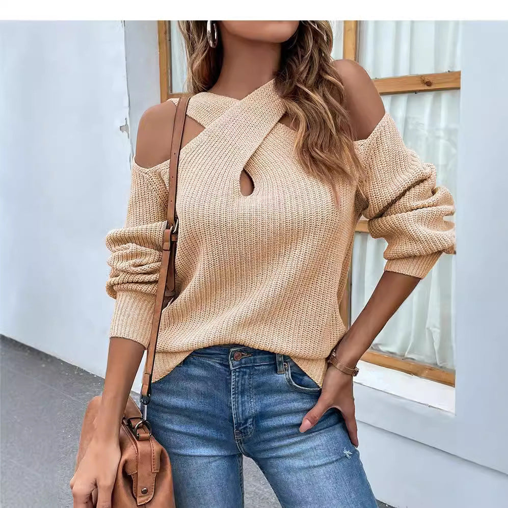 Damen Strickpullover mit asymmetrischem Ausschnitt und offenen Schultern Heidi-Mode