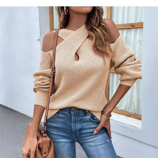 Damen Strickpullover mit asymmetrischem Ausschnitt und offenen Schultern Heidi-Mode