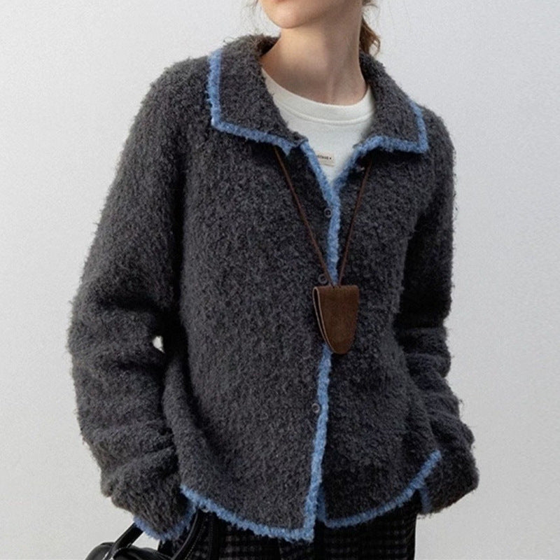 Damen kuscheliger Strickcardigan mit Kontrastdetails und kragen Heidi-Mode