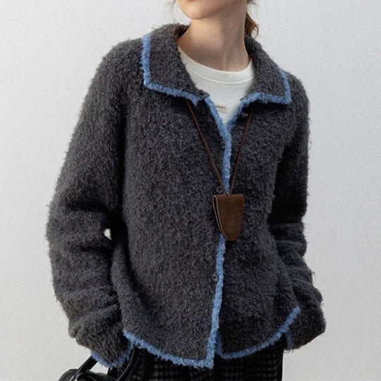 Damen kuscheliger Strickcardigan mit Kontrastdetails und kragen Heidi-Mode
