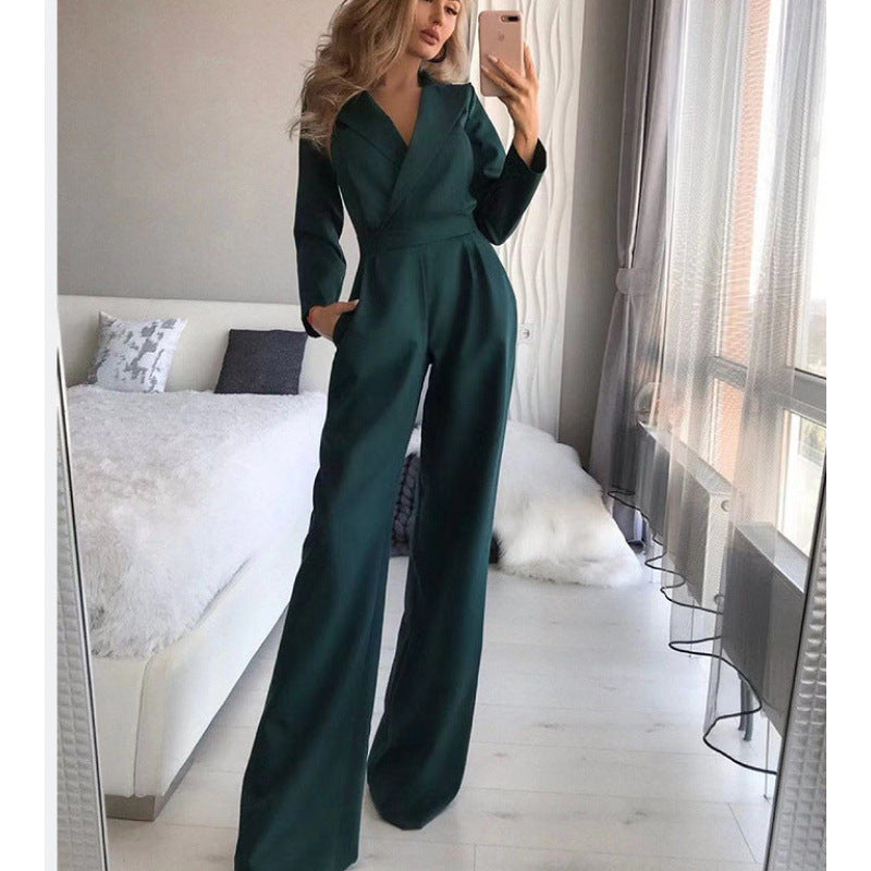 Damen eleganter Jumpsuit mit langem Bein und klassischem Schauspielkragen Heidi-Mode