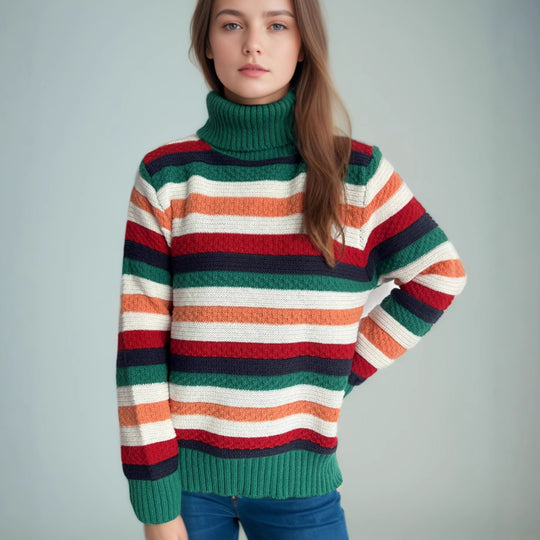 Damen Rollkragenpullover mit farbenfrohen Streifen und hochwertiger Strickqualität Heidi-Mode