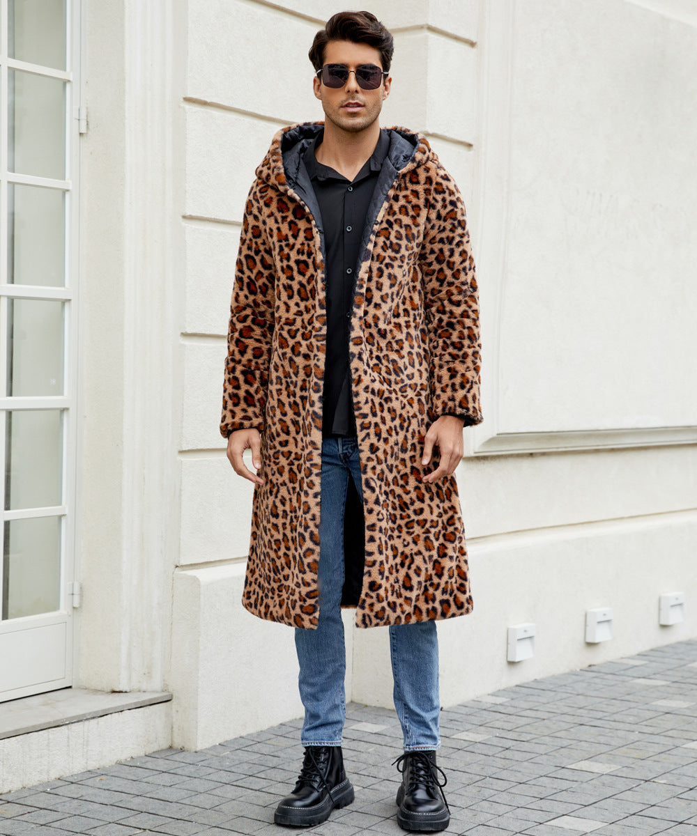 Herren Eleganter Kunstfellmantel mit Leopardenmuster Heidi-Mode