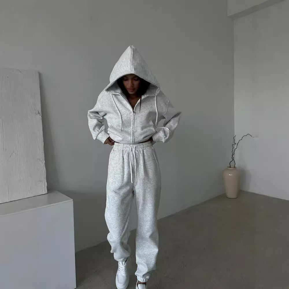 Damen sportliches Fleece-Jogginganzug mit praktischer Kapuze und elastischem Bund Heidi-Mode