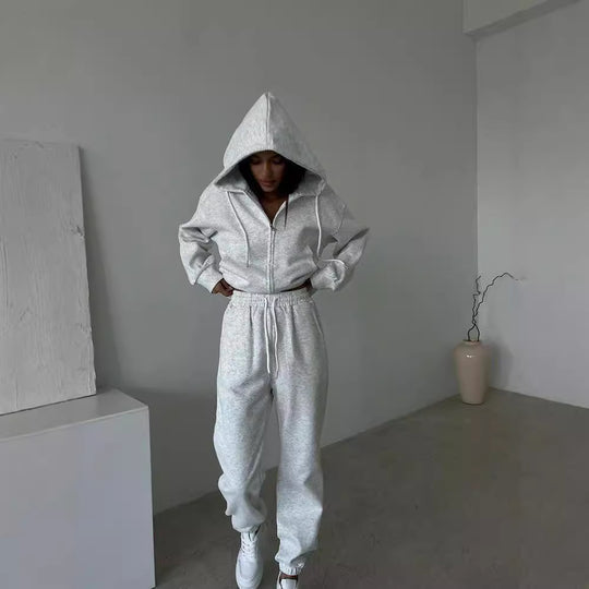 Damen sportliches Fleece-Jogginganzug mit praktischer Kapuze und elastischem Bund Heidi-Mode
