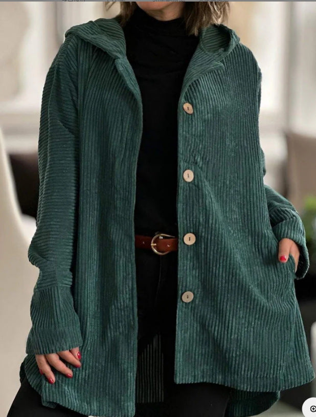 Damen Lässige cordjacke mit Kapuze und großen Knöpfen Heidi-Mode