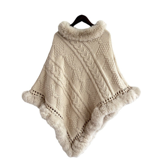 Damen Strickponcho mit dekorativem Kragen und gefüttertem Saum Heidi-Mode