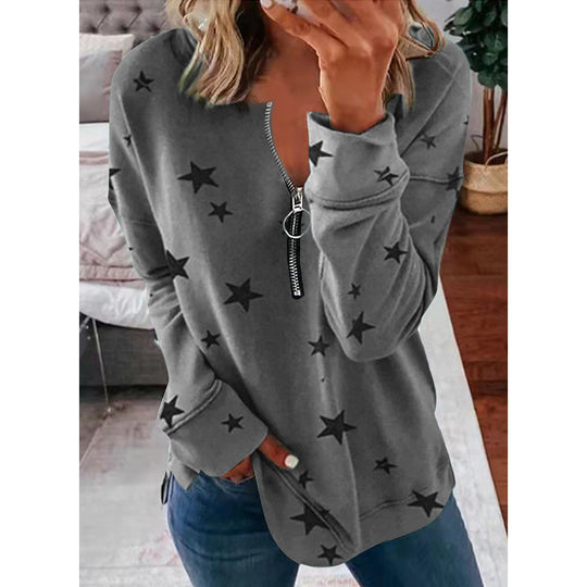 Damen Lässiger Sweatshirt mit Reißverschluss und Sternenmotiv Heidi-Mode