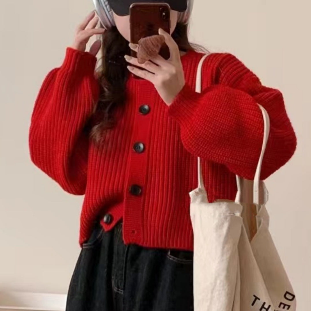 Damen modische Strickjacke mit knöpfbarem Design und balloonärmeln Heidi-Mode