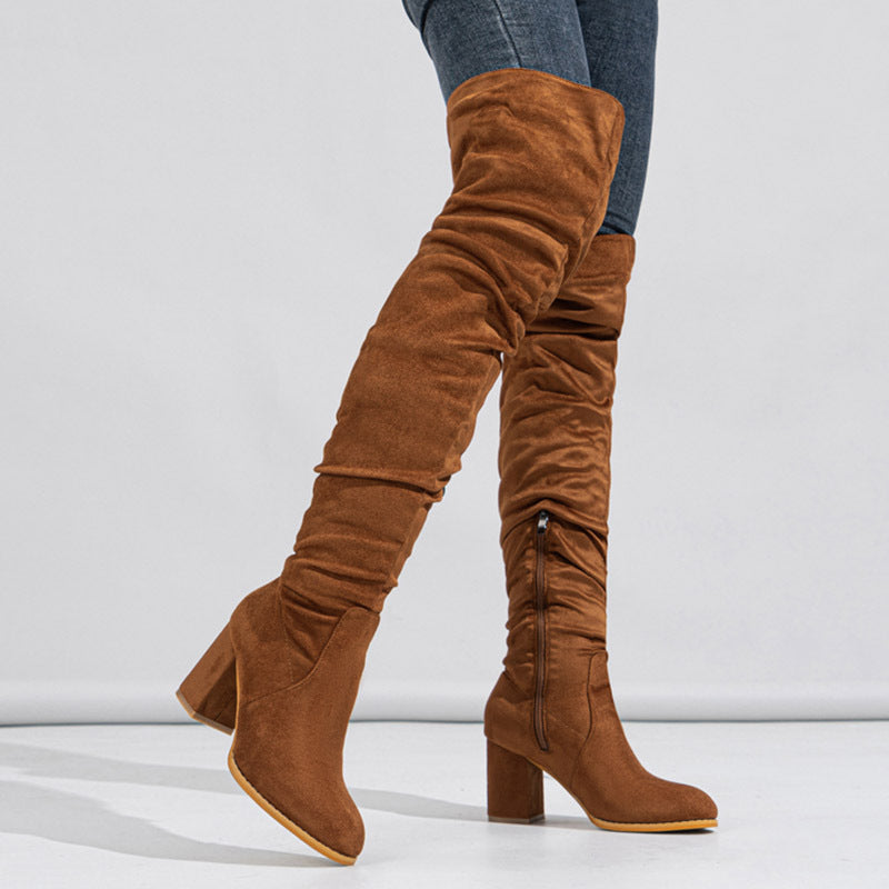 Damen Overknee Stiefel mit eleganter Raffung und plushigem Obermaterial Heidi-Mode