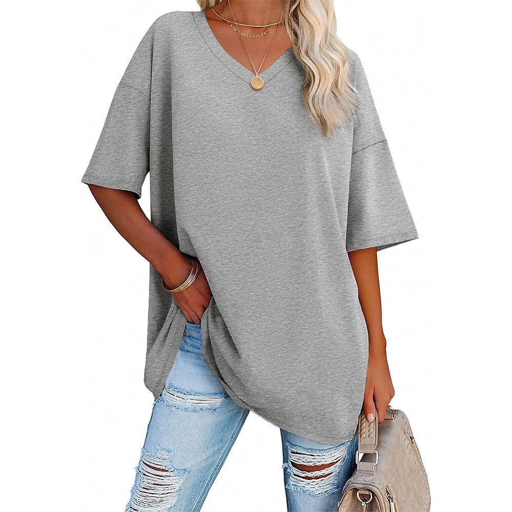 Damen Oversized T-Shirt mit V-Ausschnitt und seitlichen Schlitzen Heidi-Mode