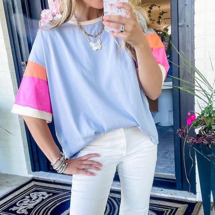Damen lässiges T-Shirt mit farbenfrohen Ärmeln und weitem Schnitt Heidi-Mode